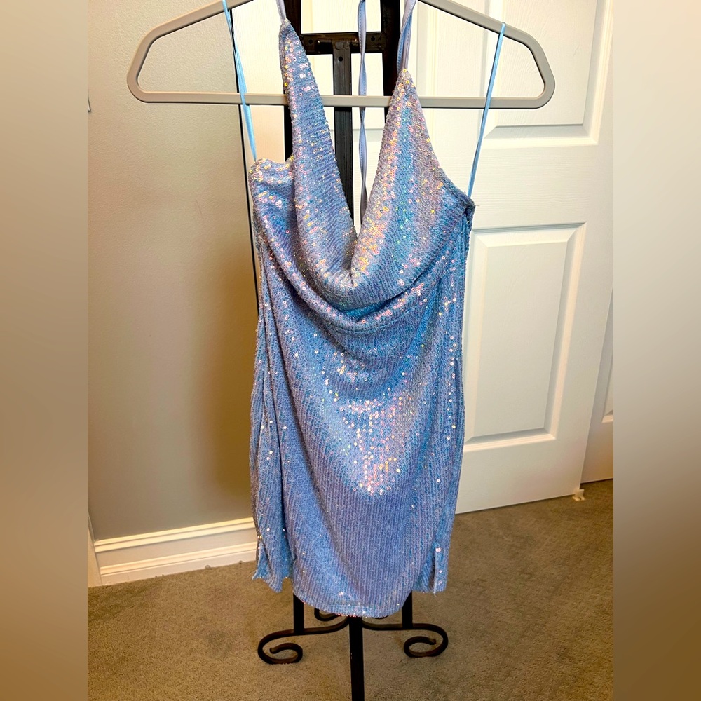 Light blue sequined halter top party dress by Thirty/Thirty LA -Sweet 16, Quince - Picture 2 of 7